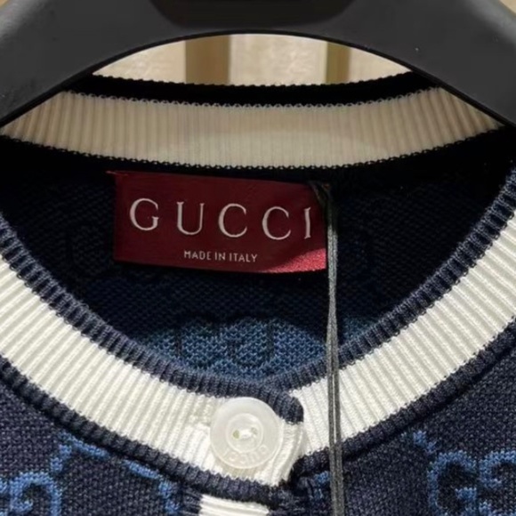 Gucci GG Logo Monogram Striped Jacquard Knit Cotton Cardigan in Navy size Large - Picture 3 of 8
